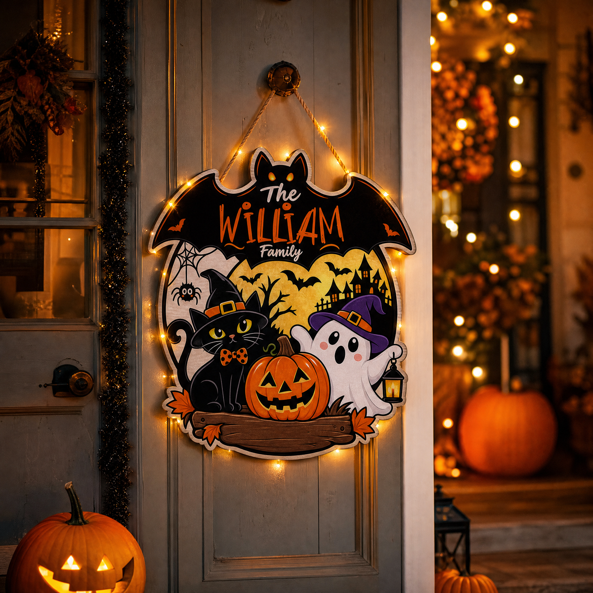 Personalized Halloween Black Cat Ghost Pumpkin Custom Shape Wood Sign Bat Silhouette Spooky Family Name Door Hanger Home Wall Decor