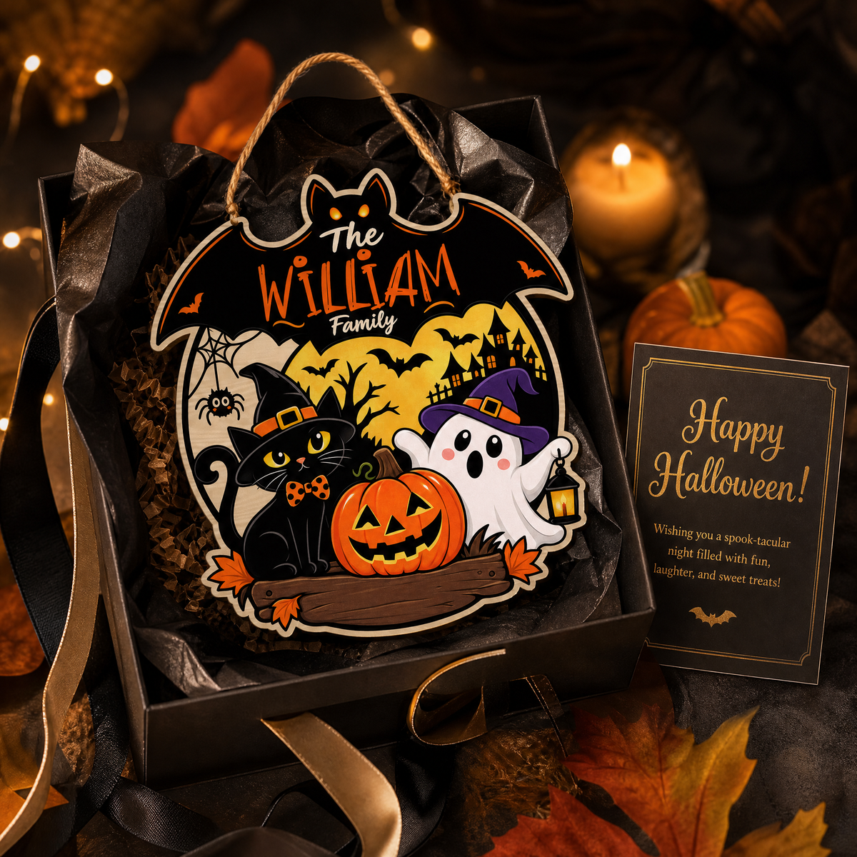Personalized Halloween Black Cat Ghost Pumpkin Custom Shape Wood Sign Bat Silhouette Spooky Family Name Door Hanger Home Wall Decor