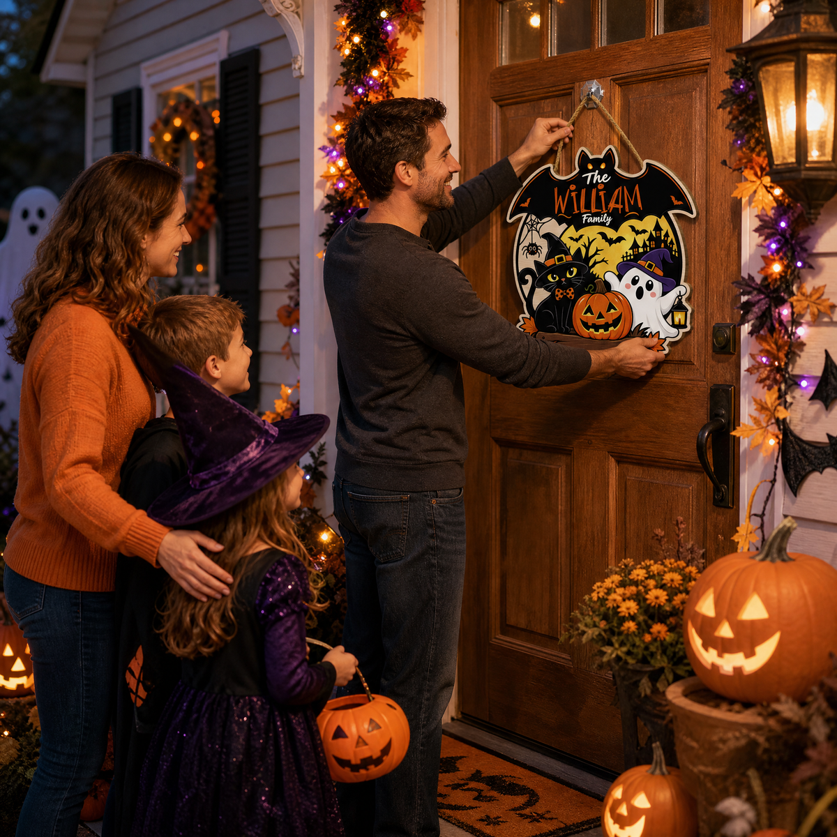 Personalized Halloween Black Cat Ghost Pumpkin Custom Shape Wood Sign Bat Silhouette Spooky Family Name Door Hanger Home Wall Decor