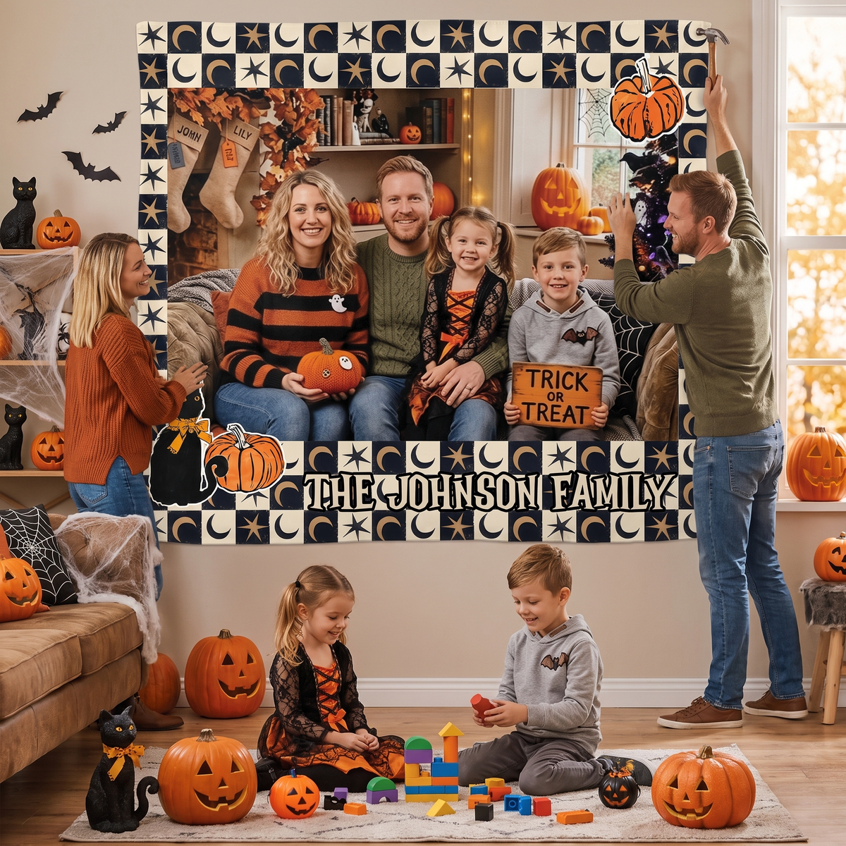 Personalized Halloween Celestial Moon Star Photo Tapestry, Custom Family Photo Name Wall Hanging Decor, Spooky Black Cat Pumpkin Party Backdrop
