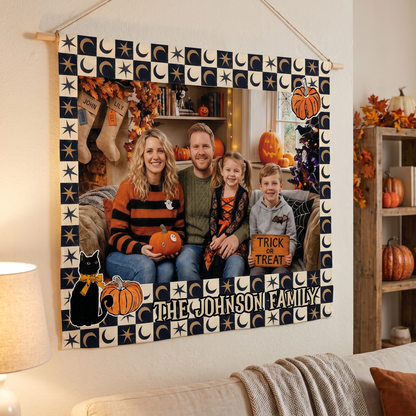Personalized Halloween Celestial Moon Star Photo Tapestry, Custom Family Photo Name Wall Hanging Decor, Spooky Black Cat Pumpkin Party Backdrop