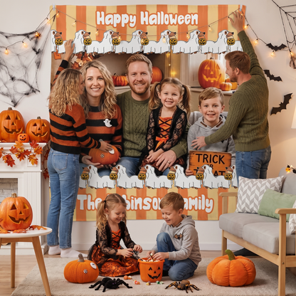 Personalized Halloween Ghost Dog Orange Striped Photo Tapestry, Custom Family Photo Name Wall Hanging Decor, Cute Dachshund Ghost Dog Party Backdrop