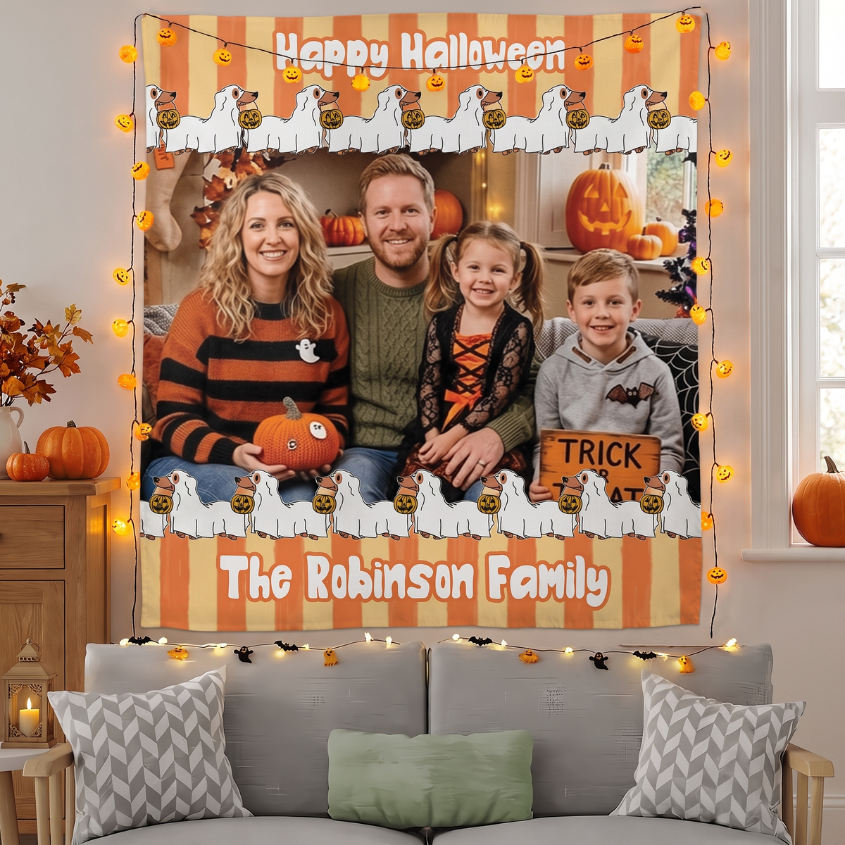 Personalized Halloween Ghost Dog Orange Striped Photo Tapestry, Custom Family Photo Name Wall Hanging Decor, Cute Dachshund Ghost Dog Party Backdrop