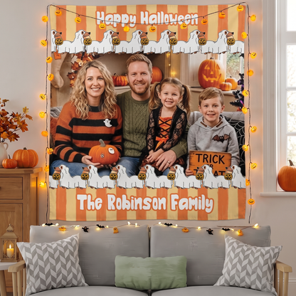 Personalized Halloween Ghost Dog Orange Striped Photo Tapestry, Custom Family Photo Name Wall Hanging Decor, Cute Dachshund Ghost Dog Party Backdrop