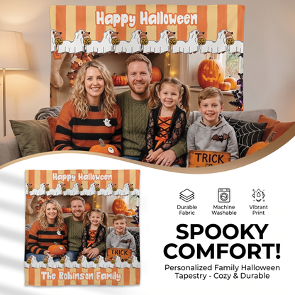Personalized Halloween Ghost Dog Orange Striped Photo Tapestry, Custom Family Photo Name Wall Hanging Decor, Cute Dachshund Ghost Dog Party Backdrop