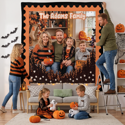 Personalized Halloween Postage Stamp Forest Photo Tapestry, Custom Family Photo Name Wall Hanging Decor, Spooky Pine Trees Party Backdrop