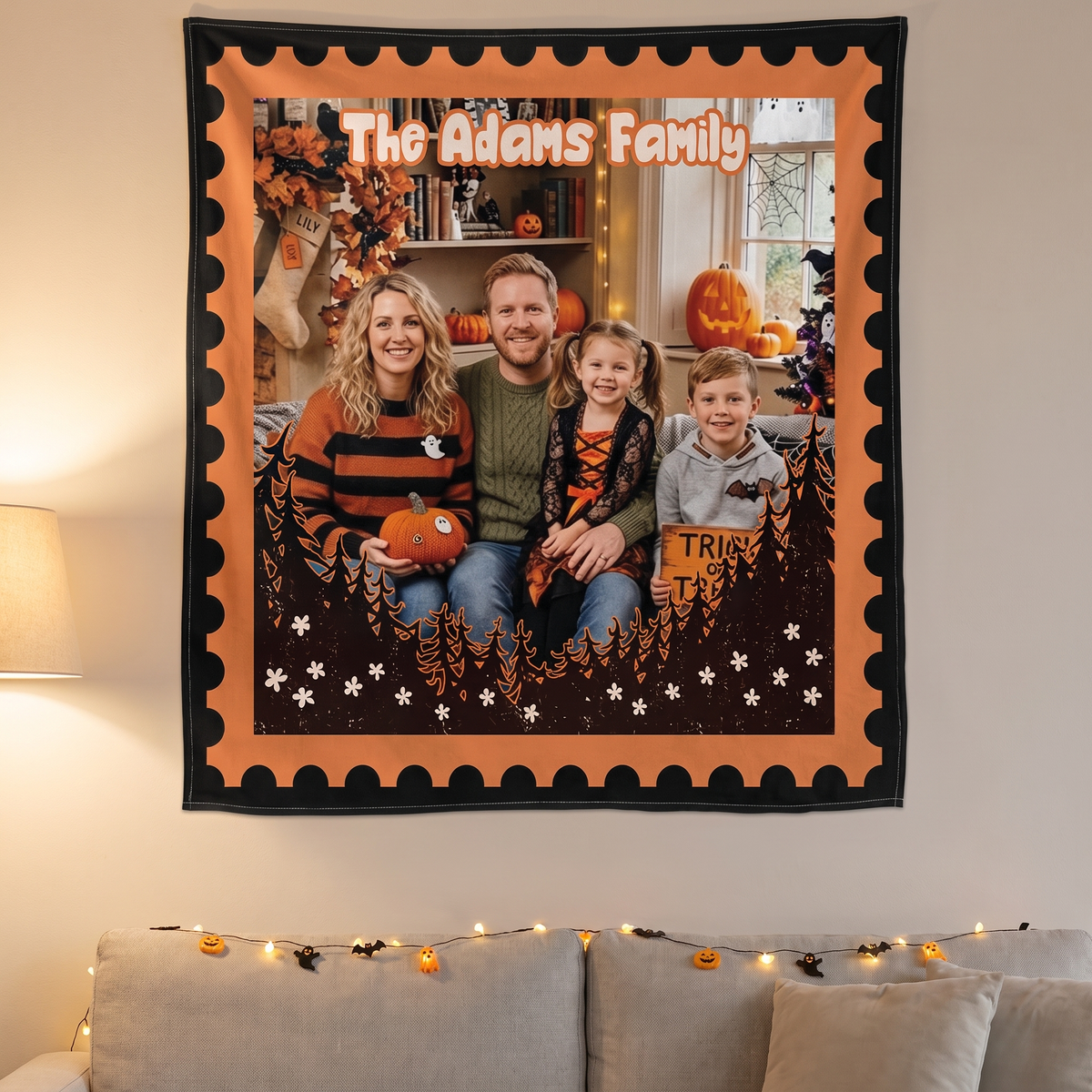 Personalized Halloween Postage Stamp Forest Photo Tapestry, Custom Family Photo Name Wall Hanging Decor, Spooky Pine Trees Party Backdrop