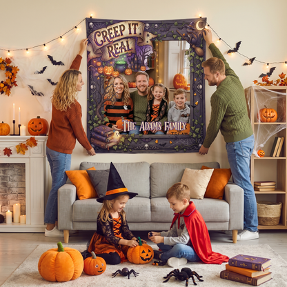 Personalized Halloween Creep It Real Photo Tapestry, Custom Family Photo Name Wall Hanging Decor, Spooky Witchy Haunted House Party Backdrop