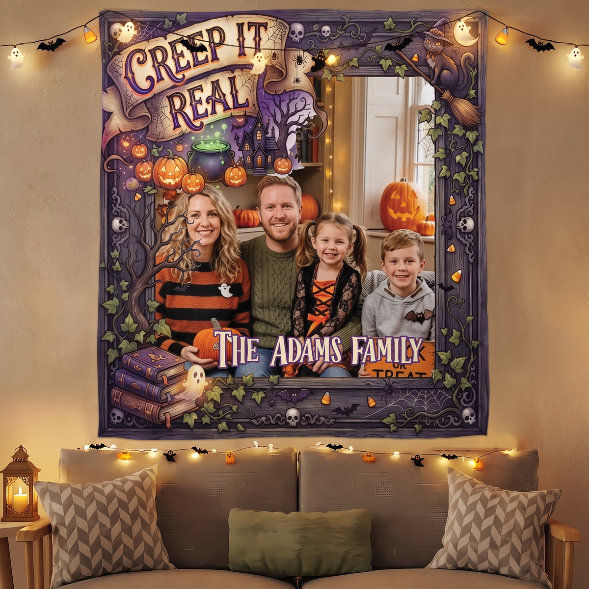 Personalized Halloween Creep It Real Photo Tapestry, Custom Family Photo Name Wall Hanging Decor, Spooky Witchy Haunted House Party Backdrop