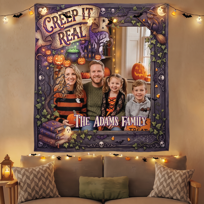 Personalized Halloween Creep It Real Photo Tapestry, Custom Family Photo Name Wall Hanging Decor, Spooky Witchy Haunted House Party Backdrop