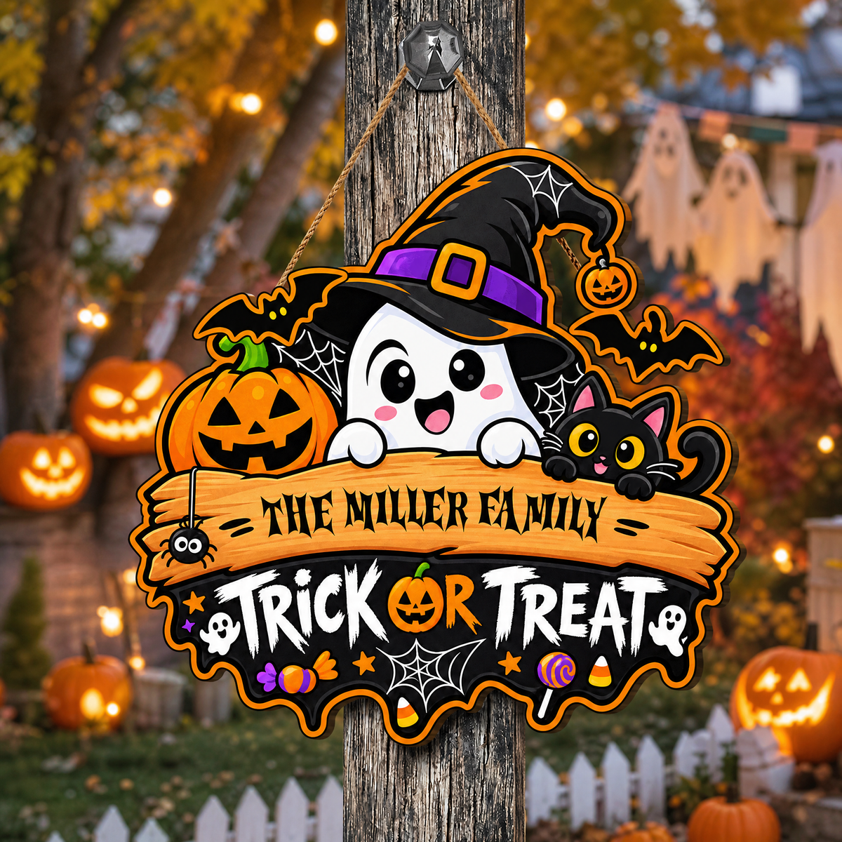 Personalized Halloween Ghost Witch Black Cat Trick Or Treat Custom Shape Wood Sign Spooky Family Name Door Hanger Home Wall Decor