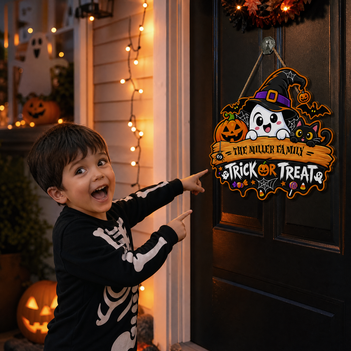 Personalized Halloween Ghost Witch Black Cat Trick Or Treat Custom Shape Wood Sign Spooky Family Name Door Hanger Home Wall Decor