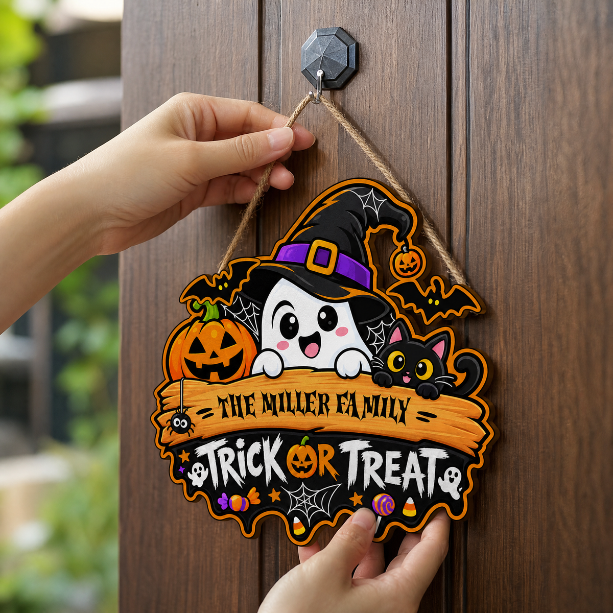 Personalized Halloween Ghost Witch Black Cat Trick Or Treat Custom Shape Wood Sign Spooky Family Name Door Hanger Home Wall Decor