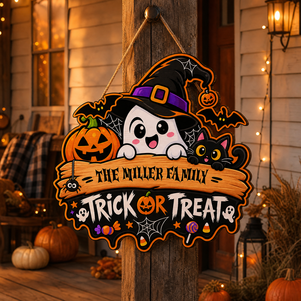 Personalized Halloween Ghost Witch Black Cat Trick Or Treat Custom Shape Wood Sign Spooky Family Name Door Hanger Home Wall Decor