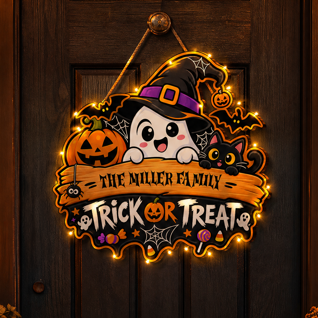 Personalized Halloween Ghost Witch Black Cat Trick Or Treat Custom Shape Wood Sign Spooky Family Name Door Hanger Home Wall Decor