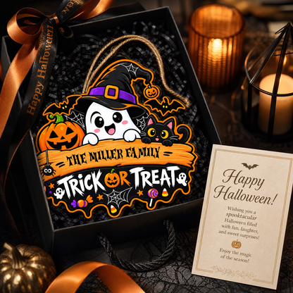 Personalized Halloween Ghost Witch Black Cat Trick Or Treat Custom Shape Wood Sign Spooky Family Name Door Hanger Home Wall Decor