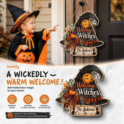 Personalized Halloween Witch Hat Welcome Witches Custom Shape Wood Sign Spooky Family Name Black Cat Door Hanger Home Wall Decor