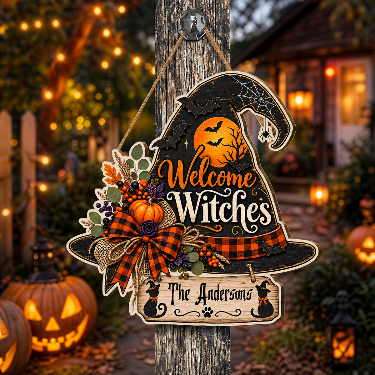 Personalized Halloween Witch Hat Welcome Witches Custom Shape Wood Sign Spooky Family Name Black Cat Door Hanger Home Wall Decor