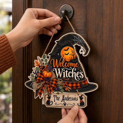 Personalized Halloween Witch Hat Welcome Witches Custom Shape Wood Sign Spooky Family Name Black Cat Door Hanger Home Wall Decor