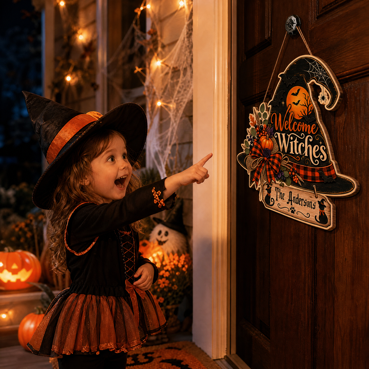 Personalized Halloween Witch Hat Welcome Witches Custom Shape Wood Sign Spooky Family Name Black Cat Door Hanger Home Wall Decor