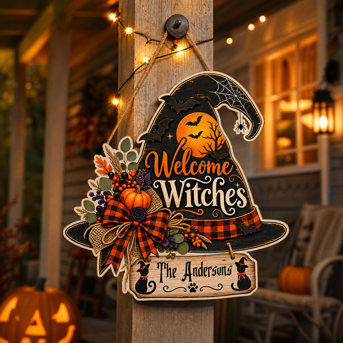 Personalized Halloween Witch Hat Welcome Witches Custom Shape Wood Sign Spooky Family Name Black Cat Door Hanger Home Wall Decor