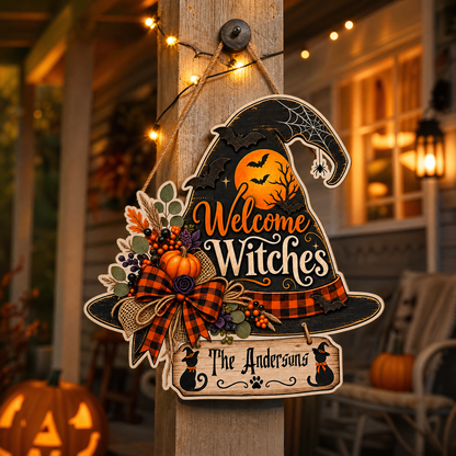 Personalized Halloween Witch Hat Welcome Witches Custom Shape Wood Sign Spooky Family Name Black Cat Door Hanger Home Wall Decor