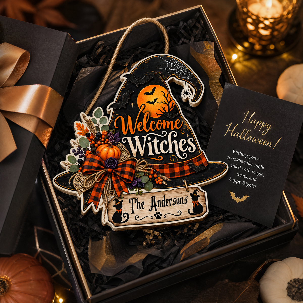 Personalized Halloween Witch Hat Welcome Witches Custom Shape Wood Sign Spooky Family Name Black Cat Door Hanger Home Wall Decor
