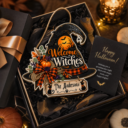 Personalized Halloween Witch Hat Welcome Witches Custom Shape Wood Sign Spooky Family Name Black Cat Door Hanger Home Wall Decor