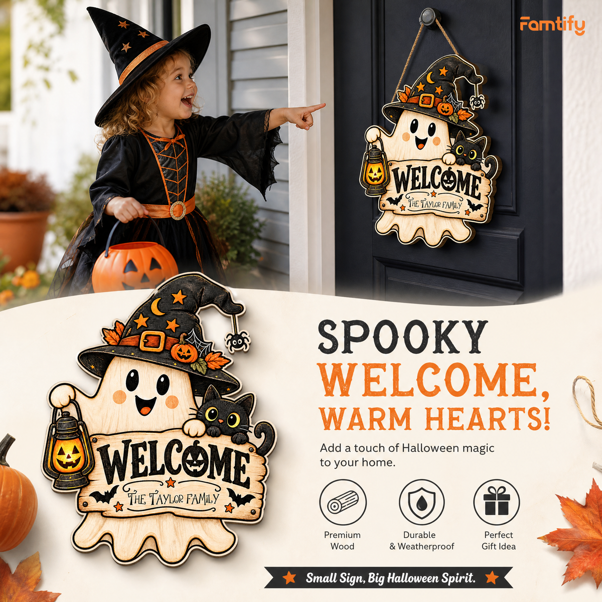Personalized Halloween Cute Ghost Witch Black Cat Welcome Custom Shape Wood Sign Spooky Family Name Lantern Door Hanger Home Wall Decor