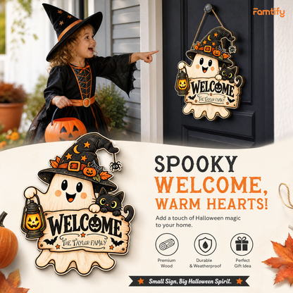 Personalized Halloween Cute Ghost Witch Black Cat Welcome Custom Shape Wood Sign Spooky Family Name Lantern Door Hanger Home Wall Decor