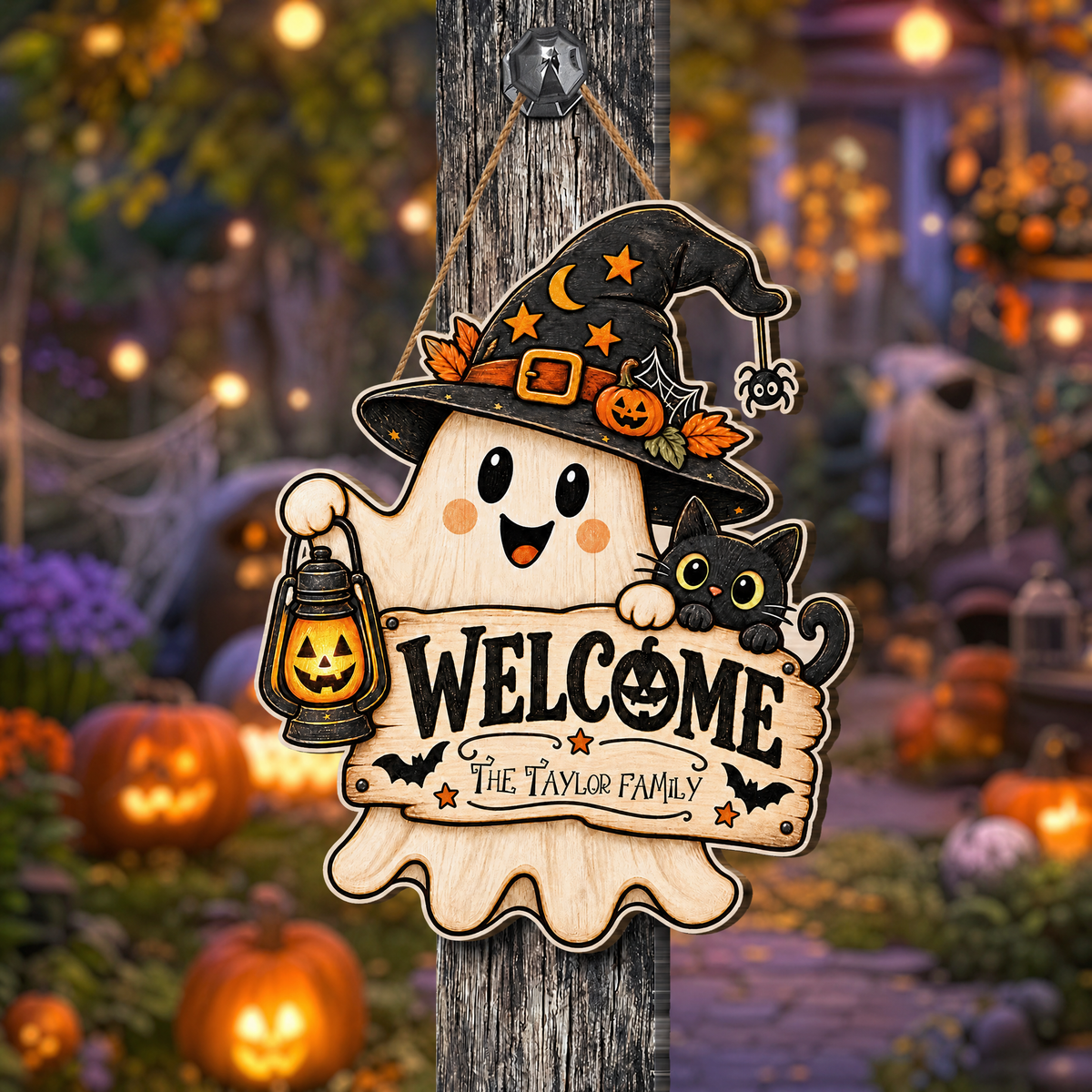 Personalized Halloween Cute Ghost Witch Black Cat Welcome Custom Shape Wood Sign Spooky Family Name Lantern Door Hanger Home Wall Decor