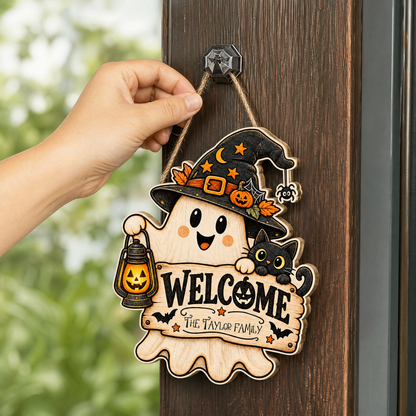 Personalized Halloween Cute Ghost Witch Black Cat Welcome Custom Shape Wood Sign Spooky Family Name Lantern Door Hanger Home Wall Decor