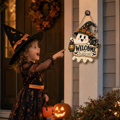 Personalized Halloween Cute Ghost Witch Black Cat Welcome Custom Shape Wood Sign Spooky Family Name Lantern Door Hanger Home Wall Decor