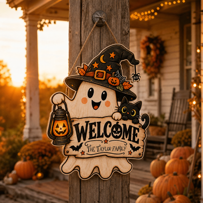 Personalized Halloween Cute Ghost Witch Black Cat Welcome Custom Shape Wood Sign Spooky Family Name Lantern Door Hanger Home Wall Decor