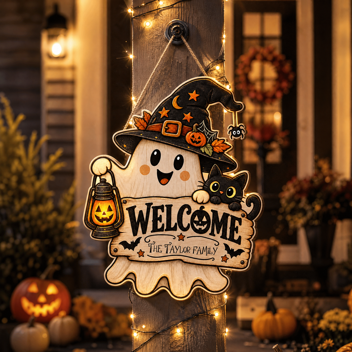 Personalized Halloween Cute Ghost Witch Black Cat Welcome Custom Shape Wood Sign Spooky Family Name Lantern Door Hanger Home Wall Decor