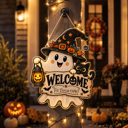 Personalized Halloween Cute Ghost Witch Black Cat Welcome Custom Shape Wood Sign Spooky Family Name Lantern Door Hanger Home Wall Decor