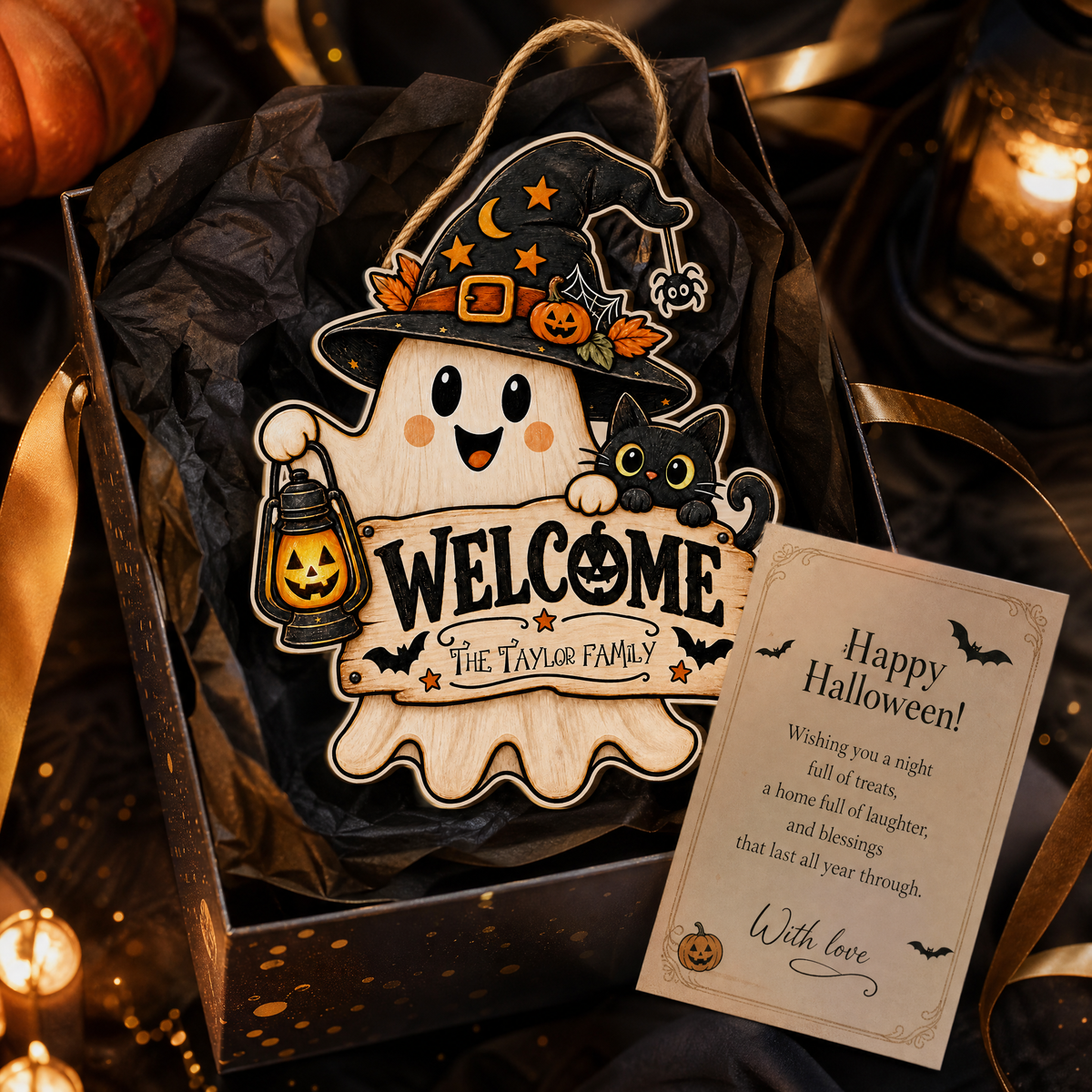 Personalized Halloween Cute Ghost Witch Black Cat Welcome Custom Shape Wood Sign Spooky Family Name Lantern Door Hanger Home Wall Decor