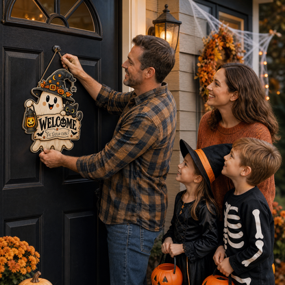 Personalized Halloween Cute Ghost Witch Black Cat Welcome Custom Shape Wood Sign Spooky Family Name Lantern Door Hanger Home Wall Decor