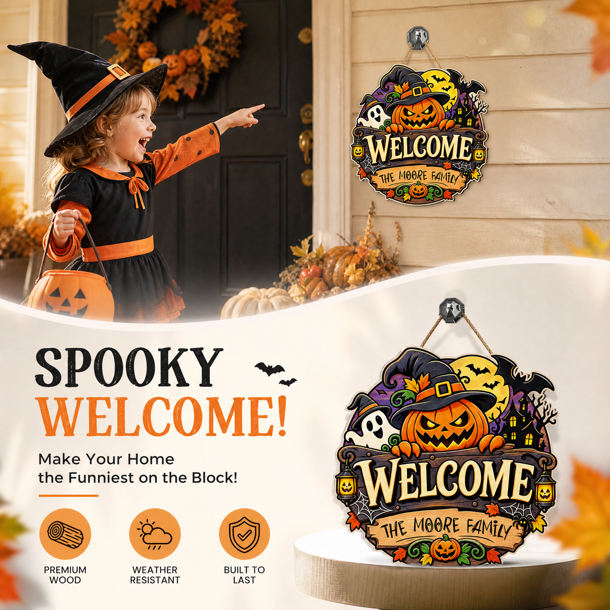 Personalized Halloween Pumpkin Witch Ghost Welcome Custom Shape Wood Sign Spooky Family Name Door Hanger Home Wall Decor