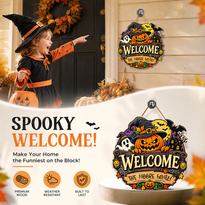Personalized Halloween Pumpkin Witch Ghost Welcome Custom Shape Wood Sign Spooky Family Name Door Hanger Home Wall Decor