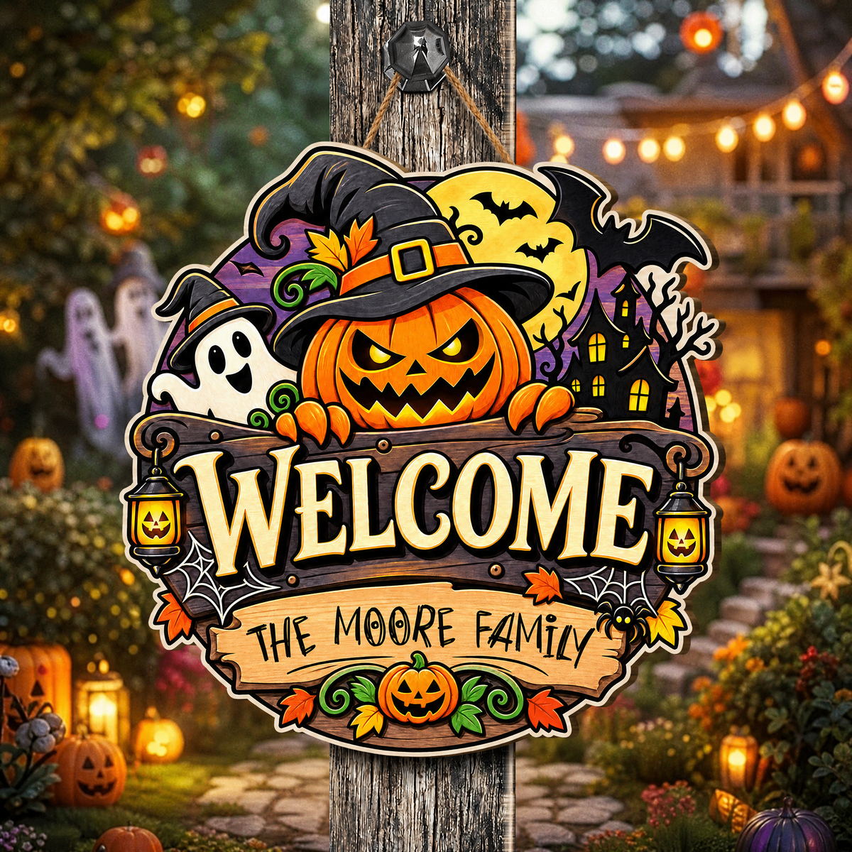 Personalized Halloween Pumpkin Witch Ghost Welcome Custom Shape Wood Sign Spooky Family Name Door Hanger Home Wall Decor