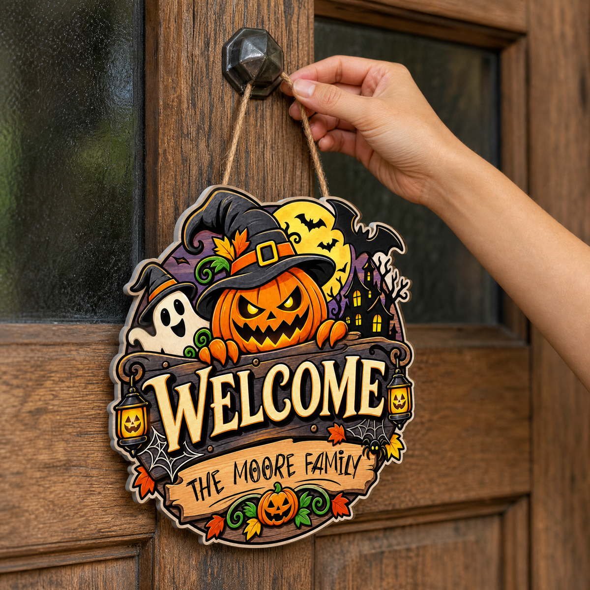 Personalized Halloween Pumpkin Witch Ghost Welcome Custom Shape Wood Sign Spooky Family Name Door Hanger Home Wall Decor