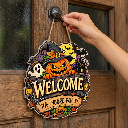 Personalized Halloween Pumpkin Witch Ghost Welcome Custom Shape Wood Sign Spooky Family Name Door Hanger Home Wall Decor
