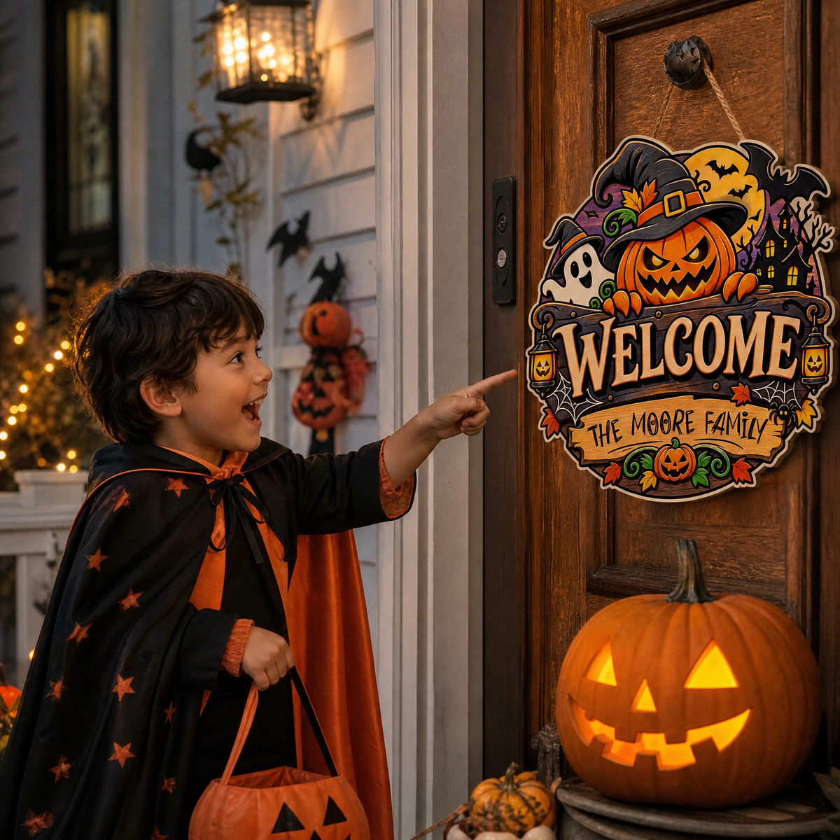 Personalized Halloween Pumpkin Witch Ghost Welcome Custom Shape Wood Sign Spooky Family Name Door Hanger Home Wall Decor