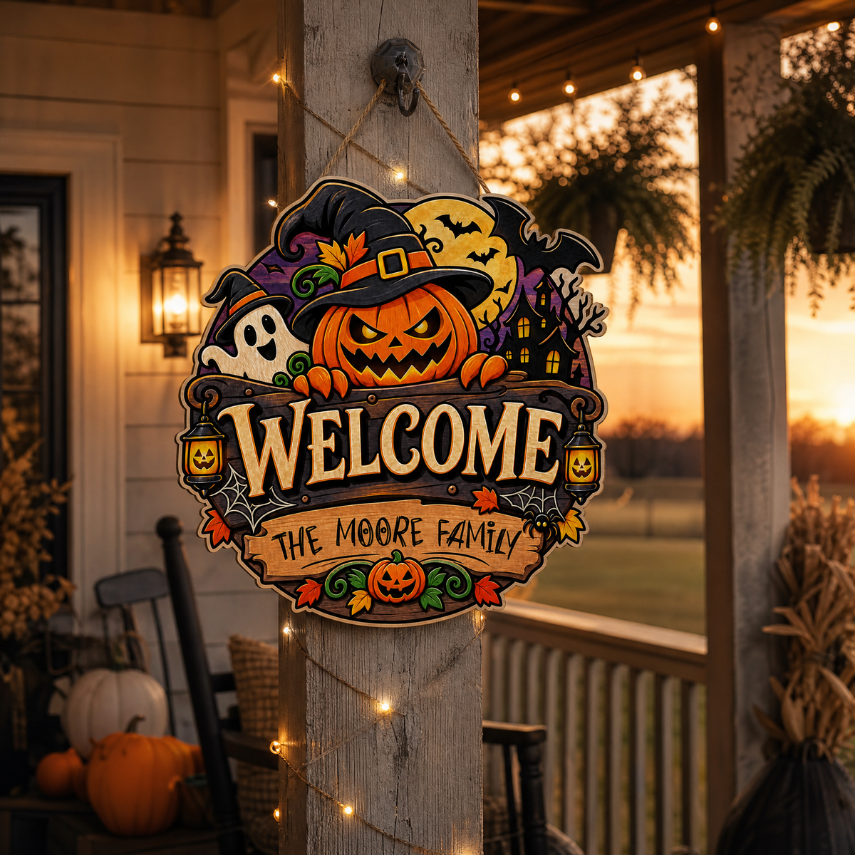 Personalized Halloween Pumpkin Witch Ghost Welcome Custom Shape Wood Sign Spooky Family Name Door Hanger Home Wall Decor