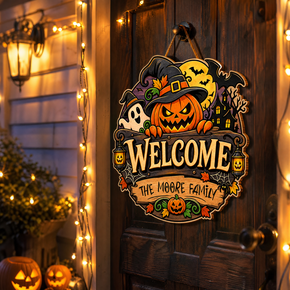 Personalized Halloween Pumpkin Witch Ghost Welcome Custom Shape Wood Sign Spooky Family Name Door Hanger Home Wall Decor