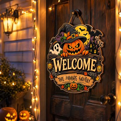 Personalized Halloween Pumpkin Witch Ghost Welcome Custom Shape Wood Sign Spooky Family Name Door Hanger Home Wall Decor