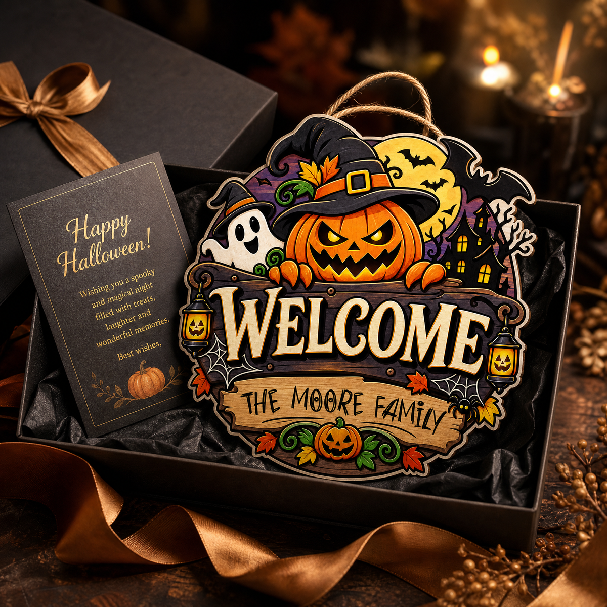 Personalized Halloween Pumpkin Witch Ghost Welcome Custom Shape Wood Sign Spooky Family Name Door Hanger Home Wall Decor