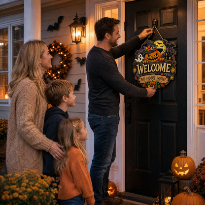 Personalized Halloween Pumpkin Witch Ghost Welcome Custom Shape Wood Sign Spooky Family Name Door Hanger Home Wall Decor