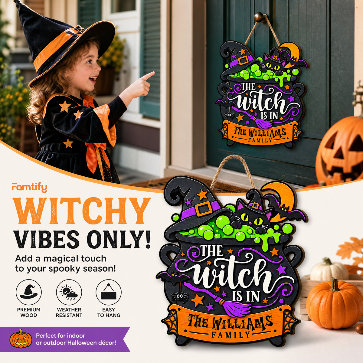 Personalized Halloween Witch Cauldron Black Cat The Witch Is In Custom Shape Wood Sign Spooky Family Name Door Hanger Home Wall Decor